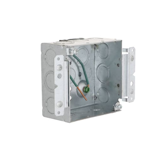 Raco Manufacturing - Raco 232M 4" Square Box, Welded, 2-1/8" Deep, Ten 1/2" KO's and Six TKO's, Raised Ground, 8" #12 Solid Copper Pigtail, UBS, HM Bracket