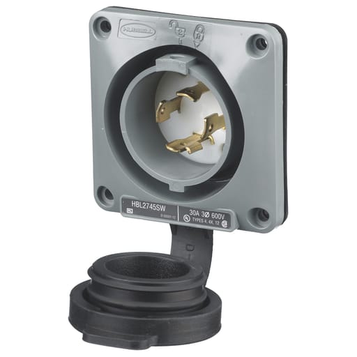 Hubbell Wiring Device - Hubbell HBL2745-SW 30A 3Ph 600V AC Twist-Lock Watertight SAFETY-SHROUD Gray VALOX Flanged Inlet