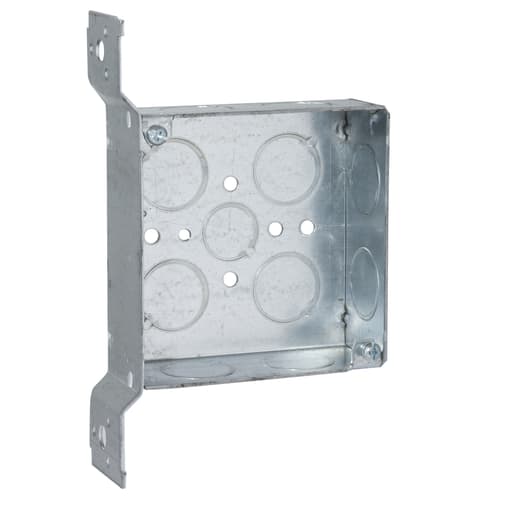 Raco Manufacturing - Raco 199 4" Square Box, 1-1/2" Deep, 1/2" & 3/4" Side Knockouts, Wood/Metal Stud Bracket, Welded