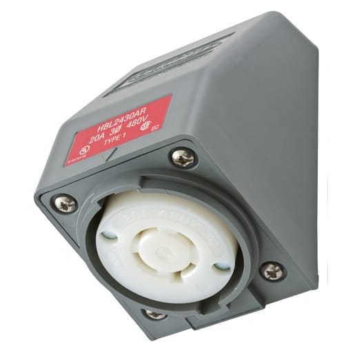Hubbell Wiring Device - Hubbell HBL2430AR 20 Amp 480 Volt 3-Pole 4-Wire NEMA L16-20R Gray Angle Housing Locking Receptacle