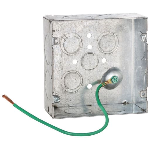 Raco Manufacturing - Raco 258SM 4-11/16" Square Box, Welded, 2-1/8" Deep with (1) 1/2 in., (8) 1 in., and (3) TKO's, Raised, 10" #12 Stranded Copper Pigtail