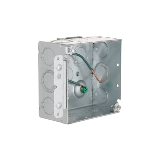 Raco Manufacturing - Raco 232H 4" Square Box, Welded, 2-1/8" Deep, Ten 1/2" KO's and Six TKO's, Raised Ground, 8" #12 Solid Copper Pigtail, UBS, HM Bracket