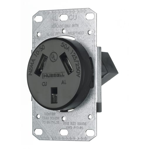 Hubbell Wiring Device - Hubbell RR350F 50 Amp 125/250 Volt 3-Pole 3-Wire NEMA 10-50R Black Range and Dryer Power Receptacle