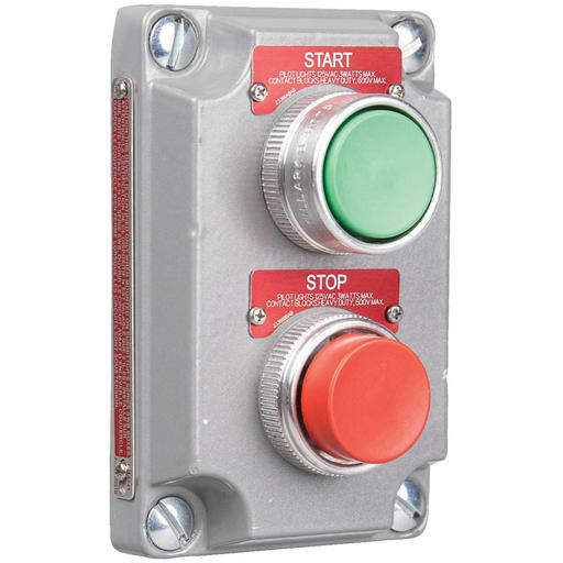 Killark - Killark XCS-0B4 XCS Series - Aluminum Momentary Contact Double Push Button Cover With Device - Green Button With "Start" Nameplate - Red Button With "Stop" Nameplate - 1NO/1NC Contact Rating