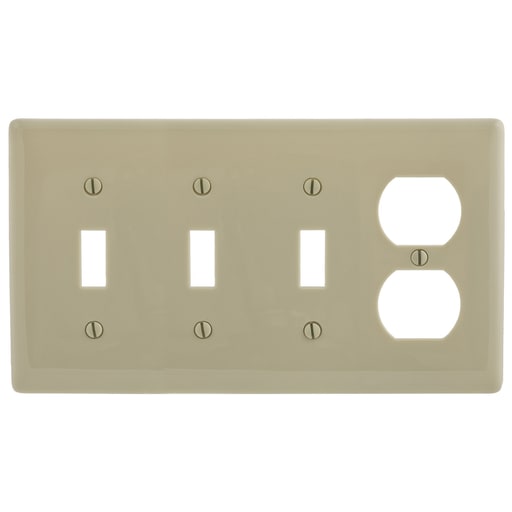 Hubbell Wiring Device - Hubbell NP38I 4-Gang Ivory Nylon Standard 3-Toggle Switch 1-Duplex Receptacle Combination Wallplate
