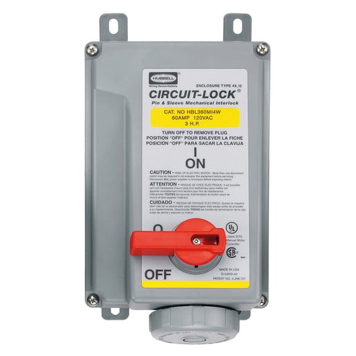 Hubbell Wiring Device - Hubbell HBL360MI4W Pin & Sleeve IEC Unfused Circuit-Lock® Mechanical Interlock, 60A 2P3W, 120V, IP67, NEMA 4X, 12