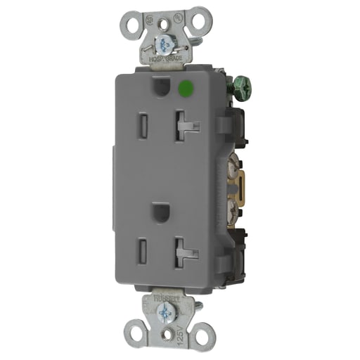 Hubbell Wiring Device - Hubbell 2182GYTRA Straight Blade Device, Tamper Resistant Decorator Duplex Receptacle, Hospital Grade, Hubbell-Pro, 20A 125V, 2- Pole 3-Wire Grounding, 5-20R, Gray
