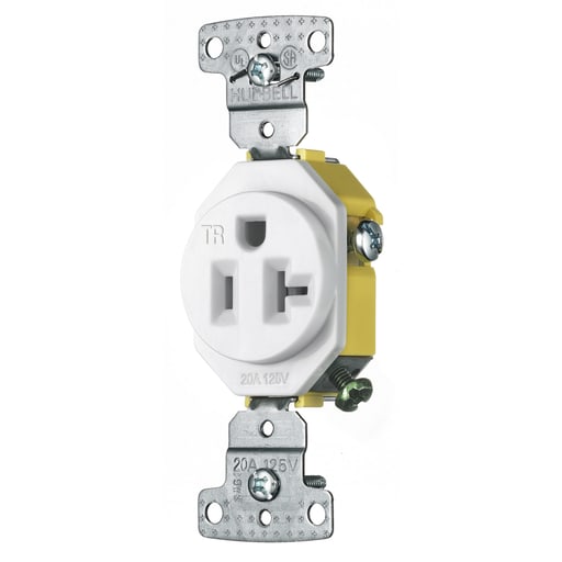 Hubbell Wiring Device - Hubbell RR201WTR 20 Amp 125 Volt 2-Pole 3-Wire NEMA 5-20R White Single Receptacle