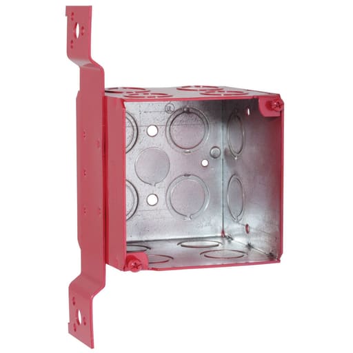 Raco Manufacturing - Raco 911-1 3-3/4" Life Safety Square Box, Welded, 3-1/2" Deep, Fourteen 1/2" & 3/4" Concentric KO's & One 1/2" KO, FM Bracket, Red