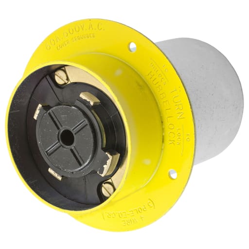 Hubbell Wiring Device - Hubbell HBL26422 60 Amp 600 Volt 3-Pole 4-Wire Yellow Locking Flanged Inlet