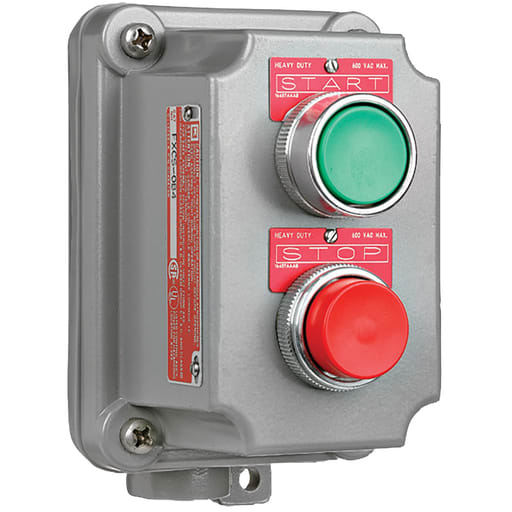 Killark - Killark FXCS-0B4U FXCS Series - Aluminum Momentary Contact Double Push Button Cover With Device - Factory Sealed - Green Button With "Start" Nameplate - Red Button With "Stop" Nameplate - 2NO/2NC Contact Rating