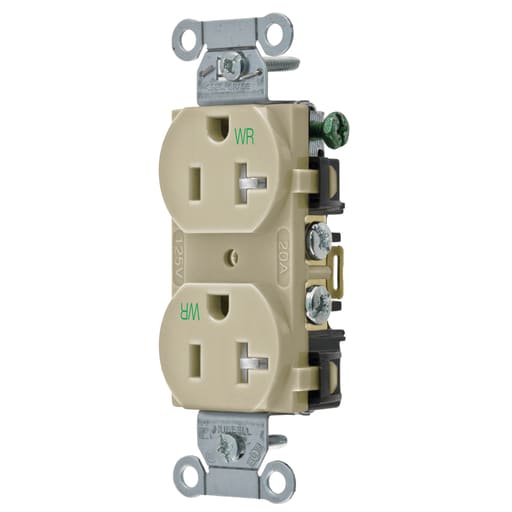 Hubbell Wiring Device - Hubbell BR20IWRTR 125 Volt 20 Amp NEMA 5-20R Ivory Commercial Grade Weather/Tamper Duplex Receptacle