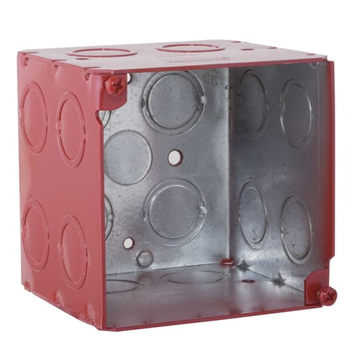 Raco Manufacturing - Raco 911-2 4" Square Box, 3-1/2" Deep, Painted Red, 1/2" & 3/4" Side Knockouts, Welded