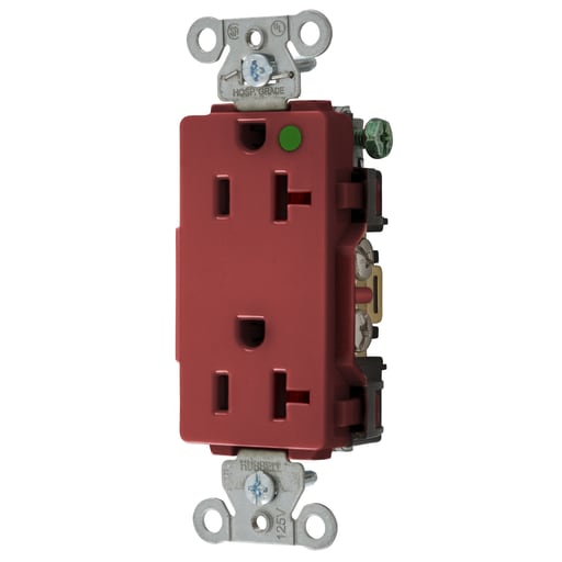 Hubbell Wiring Device - Hubbell 2182RED Straight Blade Device, Decorator Duplex Receptacle, Hospital Grade, Hubbell-Pro, 20A 125V, 2-Pole 3-Wire Grounding, 5-20R, Red