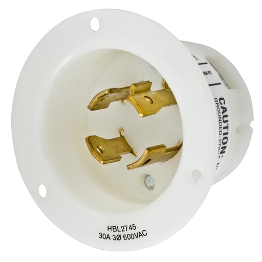 Hubbell Wiring Device - Hubbell HBL2745 30 Amp 600 Volt 3-Pole 4-Wire NEMA L17-30P White Locking Flanged Inlet