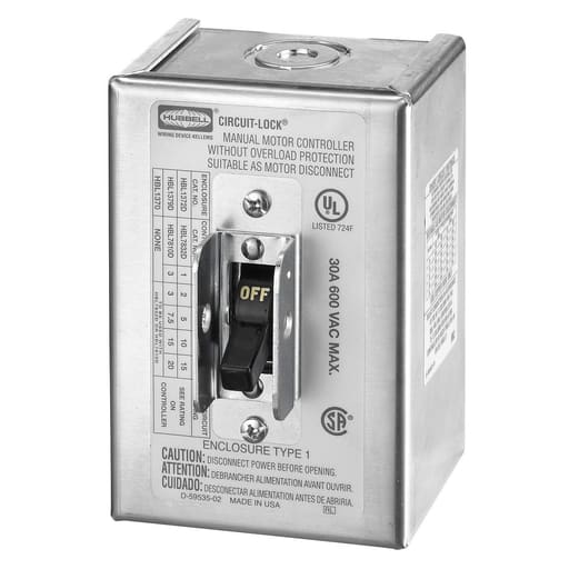 Hubbell Wiring Device - Hubbell HBL1370 30 Amp 600 VAC NEMA 1 Metallic Manual Motor Controller