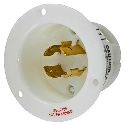 Hubbell Wiring Device - Hubbell HBL2435 20 Amp 480 Volt 3-Pole 4-Wire NEMA L16-20P White Locking Flanged Inlet