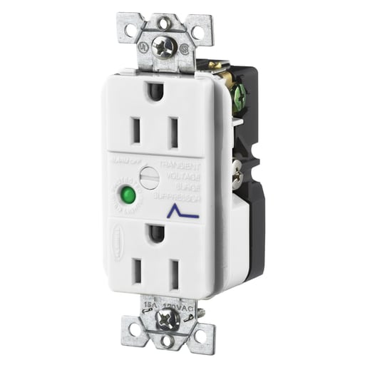 Hubbell Wiring Device - Hubbell HBL5262WSA 15 Amp 125 Volt 2-Pole 3-Wire NEMA 5-15R Office White Duplex Surge Suppression Receptacle