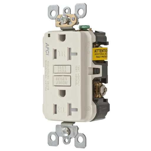 Hubbell Wiring Device - Hubbell AFR20TRLA 20 Amp 125 Volt 2-Pole 3-Wire NEMA 5-20R Light Almond Arc Fault Receptacle with LED Indicator