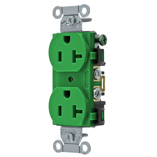 Hubbell Wiring Device - Hubbell BR20GN Receptacle, DUP SB, COM GRD, 20A 125V, B/S, GN
