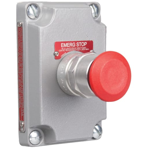 Killark - Killark XCS-0MMR3 XCS Series - Aluminum Maintained Contact Push/Pull Button Cover With Device - Red Mushroom Button Supplied With Three Nameplates("Start/Stop", Blank, "Emergency Stop") - 1NO/1NC Contact Rating