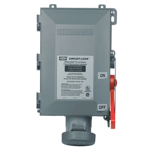 Hubbell Wiring Device - Hubbell HBL460MIFS2W Pin & Sleeve IEC Fused Insulgrip® Mechanical Interlock, 60A 3P4W, 600/250V Max AC/DC, NEMA 4X