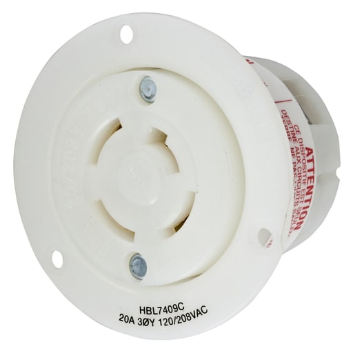 Hubbell Wiring Device - Hubbell HBL7409C Locking Flanged-Receptacle, 4P4W, 20A 120/208V, WH