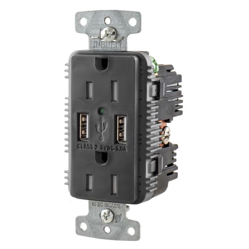 Hubbell Wiring Device - Hubbell USB15A5BK Receptacle DUP 15A 125V 5A 5V USB PORT A BK
