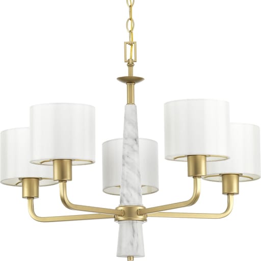 Progress Lighting - Progress P400098-078 Palacio Collection Five-Light Vintage Gold White Silk Fabric Shade Luxe Chandelier Light
