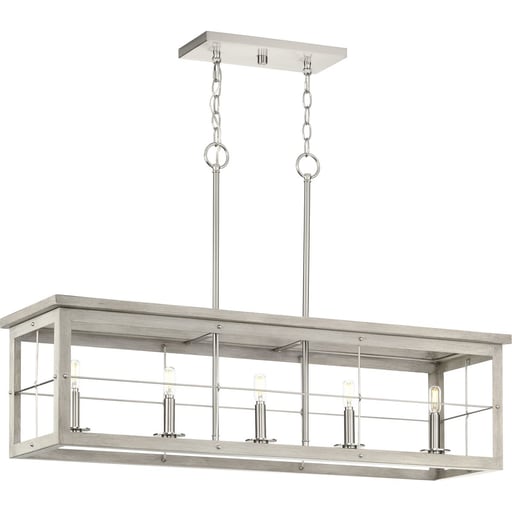 Progress Lighting - Progress P400254-009 Hedgerow Collection Five-Light Brushed Nickel and Grey Washed Oak Farmhouse Style Linear Island Chandelier Light