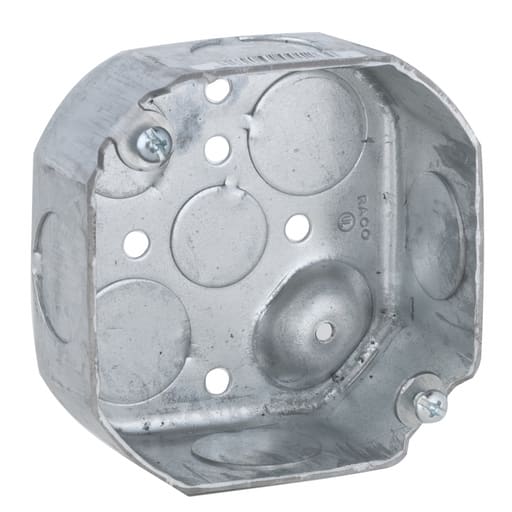 Raco Manufacturing - Raco 126 4" Octagon Box, Drawn, 1-1/2" Deep, Two 1/2 & Six 3/4" KO's, Raised Ground