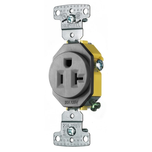 Hubbell Wiring Device - Hubbell RR201GY RESI SGL Receptacle, 20A 125V, SELF GRND, GY