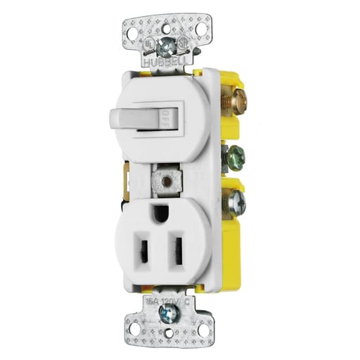 Hubbell Wiring Device - Hubbell Wiring Devices RC308W 15 Amp 120/125 Volt 3-Way Switch 2-Pole 3-Wire Receptacle White Combination Switch