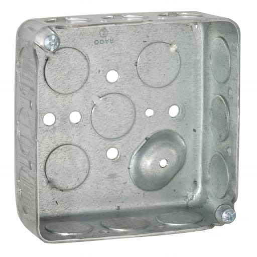 Raco Manufacturing - Raco 190 4" Square Box, 1-1/2" Deep, 1/2" Knockouts, Raised Ground, Drawn