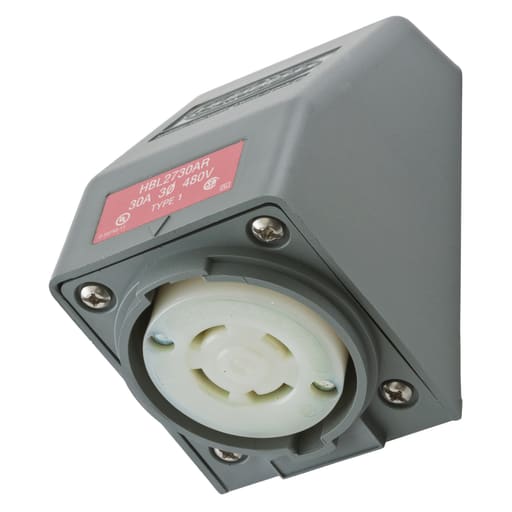 Hubbell Wiring Device - Hubbell HBL2730AR 30 Amp 480 Volt 3-Pole 4-Wire NEMA L16-30R Gray Angle Housing Locking Receptacle