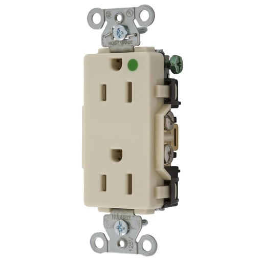Hubbell Wiring Device - Hubbell 2172IV Straight Blade Device, Decorator Duplex Receptacle, Hospital Grade, Hubbell-Pro, 15A 125V, 2-Pole 3-Wire Grounding, 5-15R, Ivory