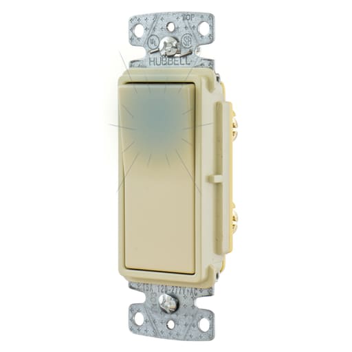 Hubbell Wiring Device - Hubbell RSD115ILI 15A Single Pole Illuminated Decorator Rocker Switch, 120-277V - Ivory