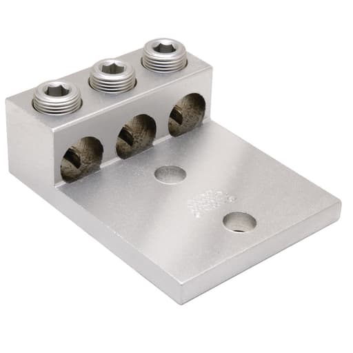 Burndy - Burndy K3A29U2N Aluminum Universal Terminal, 3 Conductor, 2 Hole, 6 AWG (Str)-250 kcmil, 1/2" Stud, 175" Stud Hole Spacing, 3 Screws, Al/Cu Rated, Tin Plated