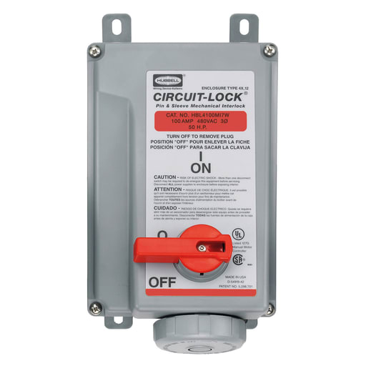 Hubbell Wiring Device - Hubbell HBL4100MI7W Pin & Sleeve IEC Unfused Circuit-Lock® Mechanical Interlock, 100A 3P4W, 3ø 480V, IP67, NEMA 4X, 12