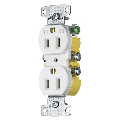 Hubbell Wiring Device - Hubbell RR15SWWRTR 15 Amp 125 Volt 2-Pole 3-Wire NEMA 5-15R White Duplex Receptacle