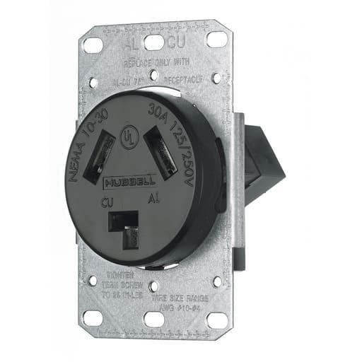 Hubbell Wiring Device - Hubbell RR330F 30 Amp 125/250 Volt 3-Pole 3-Wire NEMA 10-30R Black Range and Dryer Power Receptacle