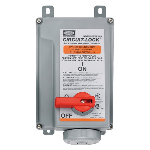 Hubbell Wiring Device - Hubbell HBL420MI12W Pin & Sleeve IEC Unfused Circuit-Lock® Mechanical Interlock, 20A 3P4W, 120/240V, IP67, NEMA 4X, 12
