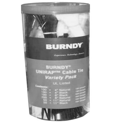 Burndy - Burndy CTASST Cable Tie Canister Variety Pack, Incudes:4" Length, 18 Lbs, Natural & Black, 8" Length, 50 Lbs, Natural & Black, 11" Length, 50 Lbs, Natural & Black