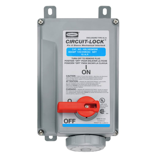 Hubbell Wiring Device - Hubbell HBL560MI9W Pin & Sleeve IEC Unfused Circuit-Lock® Mechanical Interlock, 60A 4P5W, 3øY 120/208V, IP67, NEMA 4X, 12