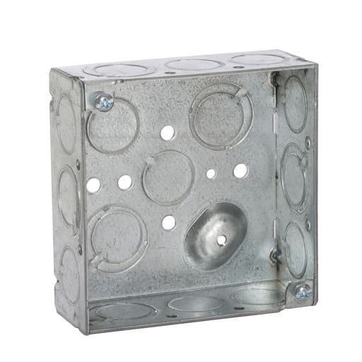 Raco Manufacturing - Raco 189 4" Steel Square Box, 1-1/2" Deep, 1/2" & 3/4" Side Knockouts, Welded, raised Ground