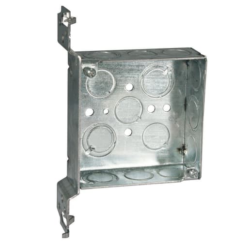Raco Manufacturing - Raco 196 4" Square Box, 1-1/2" Deep, 1/2" & 3/4" Knockouts, Universal Wood/Metal Stud Bracket, Welded