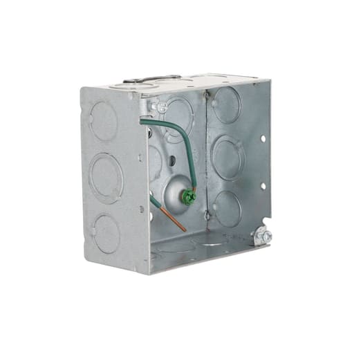 Raco Manufacturing - Raco 232F 4" Square Box, Welded, 2-1/8" Deep, Ten 1/2" KO's and Six TKO's, Raised Ground, 8" #12 Solid Copper Pigtail, UBS
