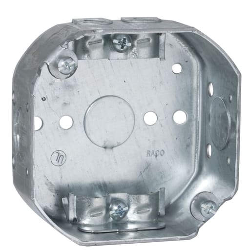 Raco Manufacturing - Raco 145 4" Octagon Box, Drawn, 1-1/2" Deep, Three 1/2" KO's & NMSC Clamps, Side Holes, 1/8" and 1/4"