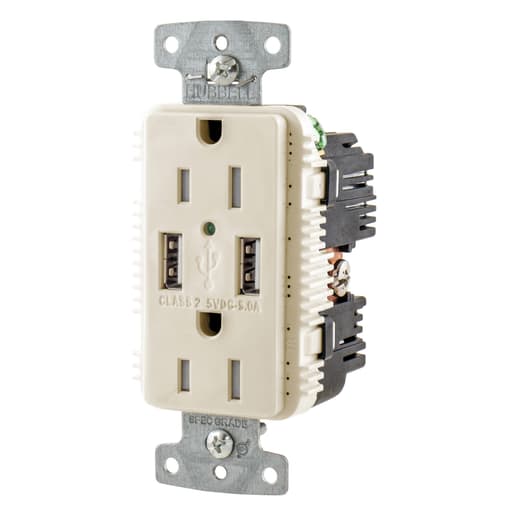 Hubbell Wiring Device - Hubbell USB15A5LA Receptacle DUP 15A 125V 5A 5V USB PORT A LA