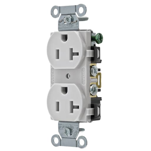 Hubbell Wiring Device - Hubbell BR20OW Receptacle, DUP SB, COM GRD, 20A 125V, B/S, OW